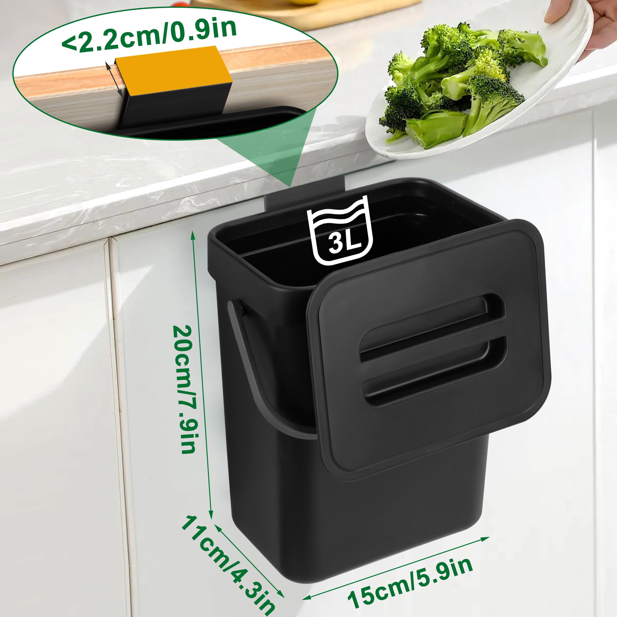 Secchio da Compost da Cucina Piccolo Bidone della Spazzatura Sospeso con Coperchio 3L Secchio di Rifiuti Organici per Cucina Nero