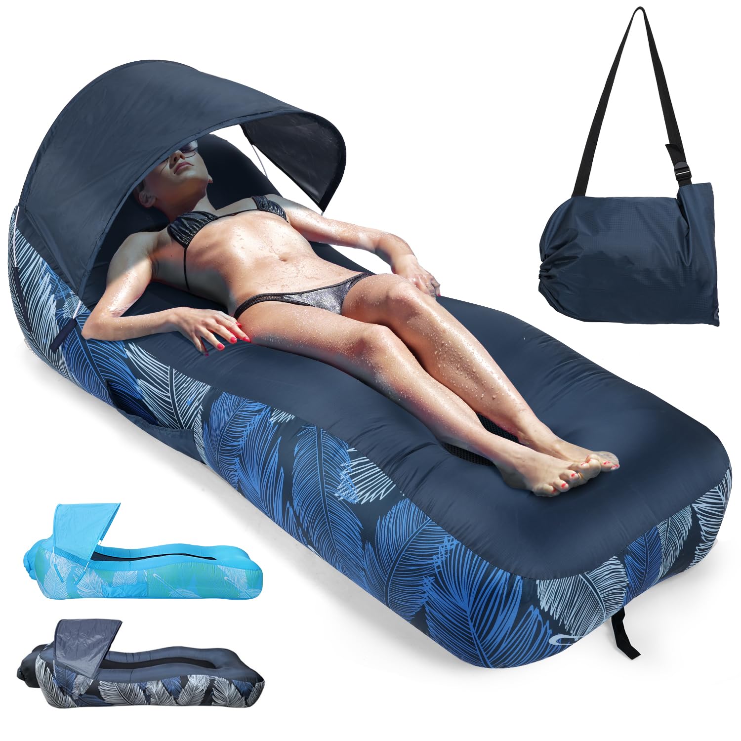 Aufblasbares Sofa mit Sonnenschirme, Luftsofa Faltbar Tragbar, Wasserdicht Camping Sofa mit Tasche, Strandliege Air Lounger mit Mesh-Rücken für Garten Strand Picknick, Marineblaue Feder