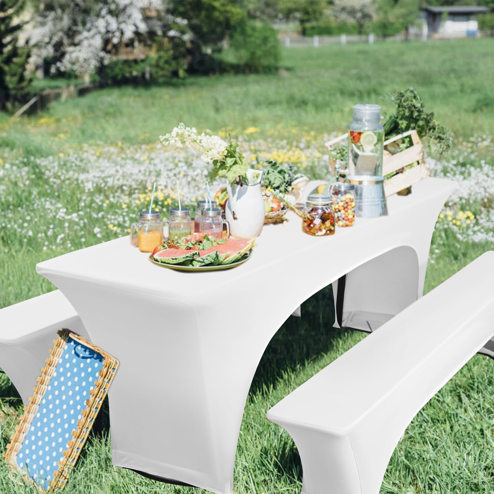 Zwei 3er-Sets Biertischhusse, weiße Stretch Biertisch und Bankgarnitur hussen 220 x 50 x 80 cm, Elastische Biertischhussen für 50 cm Tischbreite, Bierzeltgarnitur für Bankett Gartenmöbel