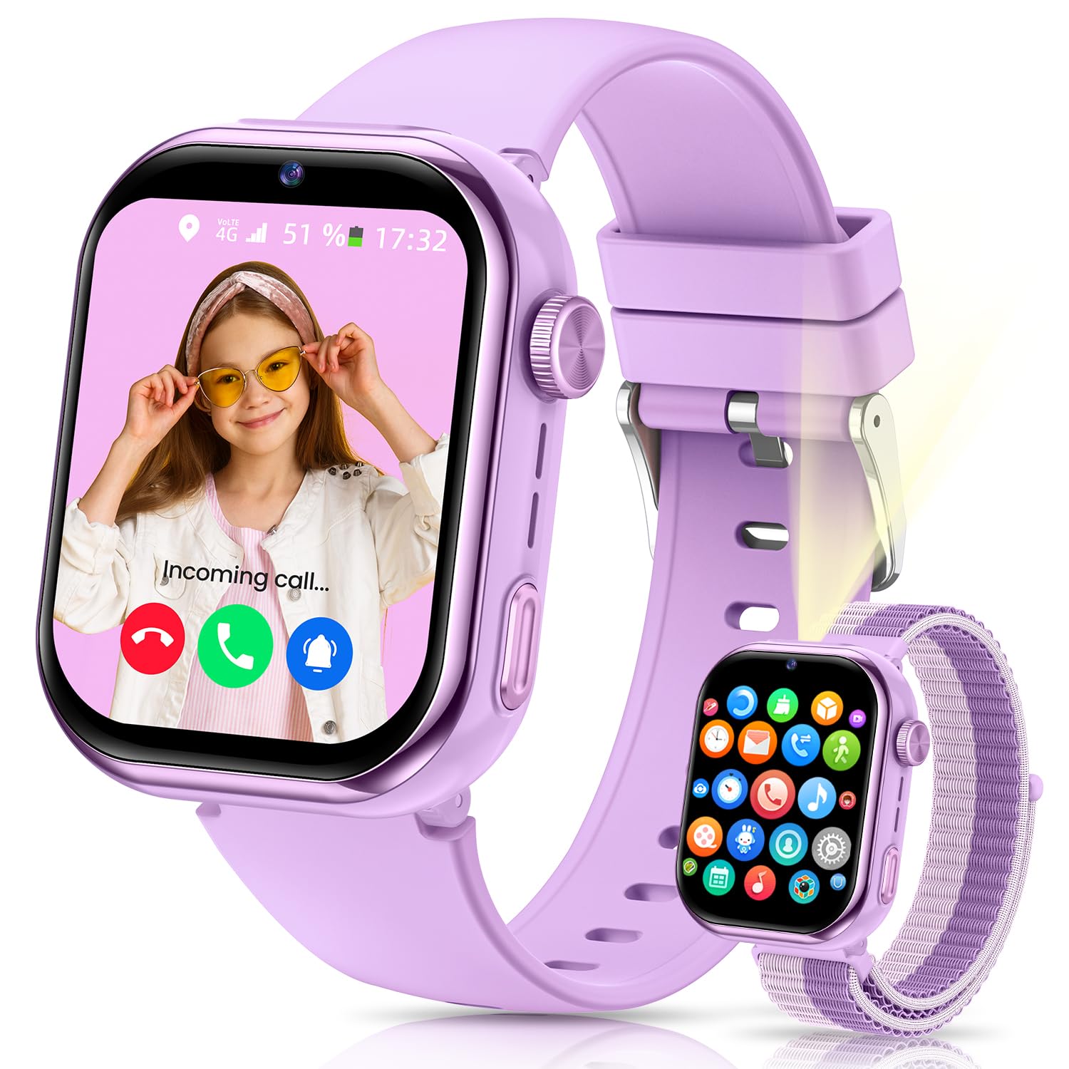 4G Reloj Inteligente Niña, IP68 Impermeable Smartwatch Niñas con GPS y Llamadas, Doble Cámara, Videollamada, Chat de Voz, SOS, Modo Escuela, Linterna, Podómetro Reloj Inteligente Niñas y Niños Púrpura