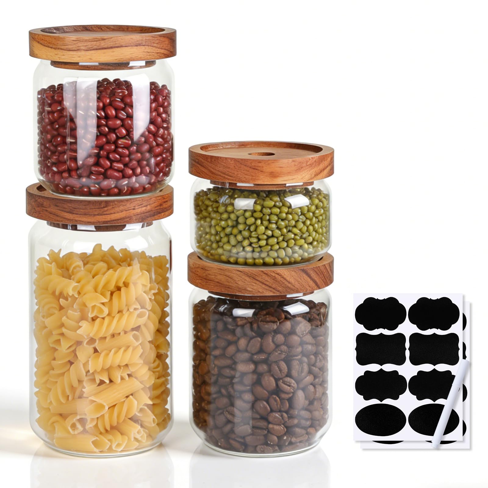 efuturetime 4 Barattoli in Vetro Ermetici con Coperchio in Legno 1000ml/750ml/500ml/350ml, Barattoli di Stoccaggio Impilabili Ermetici da Cucina per Spezie per Conservare Cereali, Zucchero, Caffè, Tè