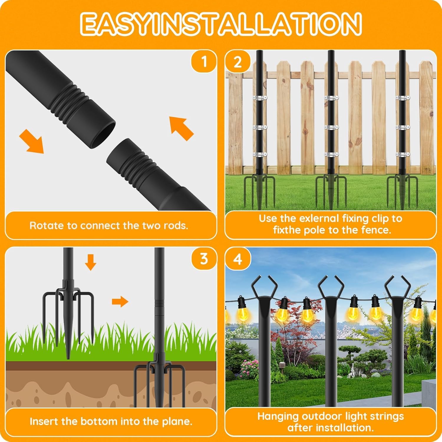 Lot de 6 poteaux pour guirlande lumineuse d'extérieur en métal de 3 m avec fourchette pour guirlandes lumineuses extérieures, poteaux d'éclairage d'extérieur avec fourchette, patio, terrasse, jardin