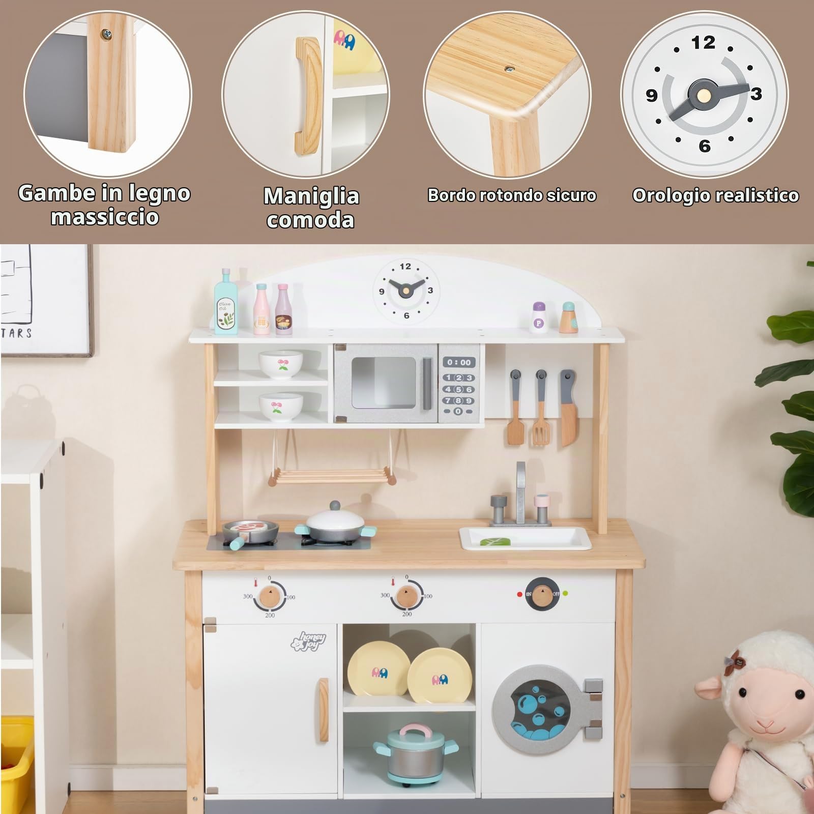HOMASIS Cucina Legno per Bambini con Grembiule e Cappello da Cuoco, Cucinetta per Bambini Legno, Cucina Giocattolo per 3+ Anni, 79,5 x 35,5 x 98 cm