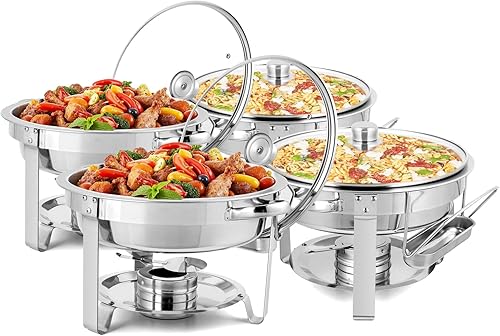 ROVSUN Juego de bufé de 5 cuartos de galón de acero inoxidable NSF redondo para catering, servidores de buffet y calentadores con soporte de tapa y