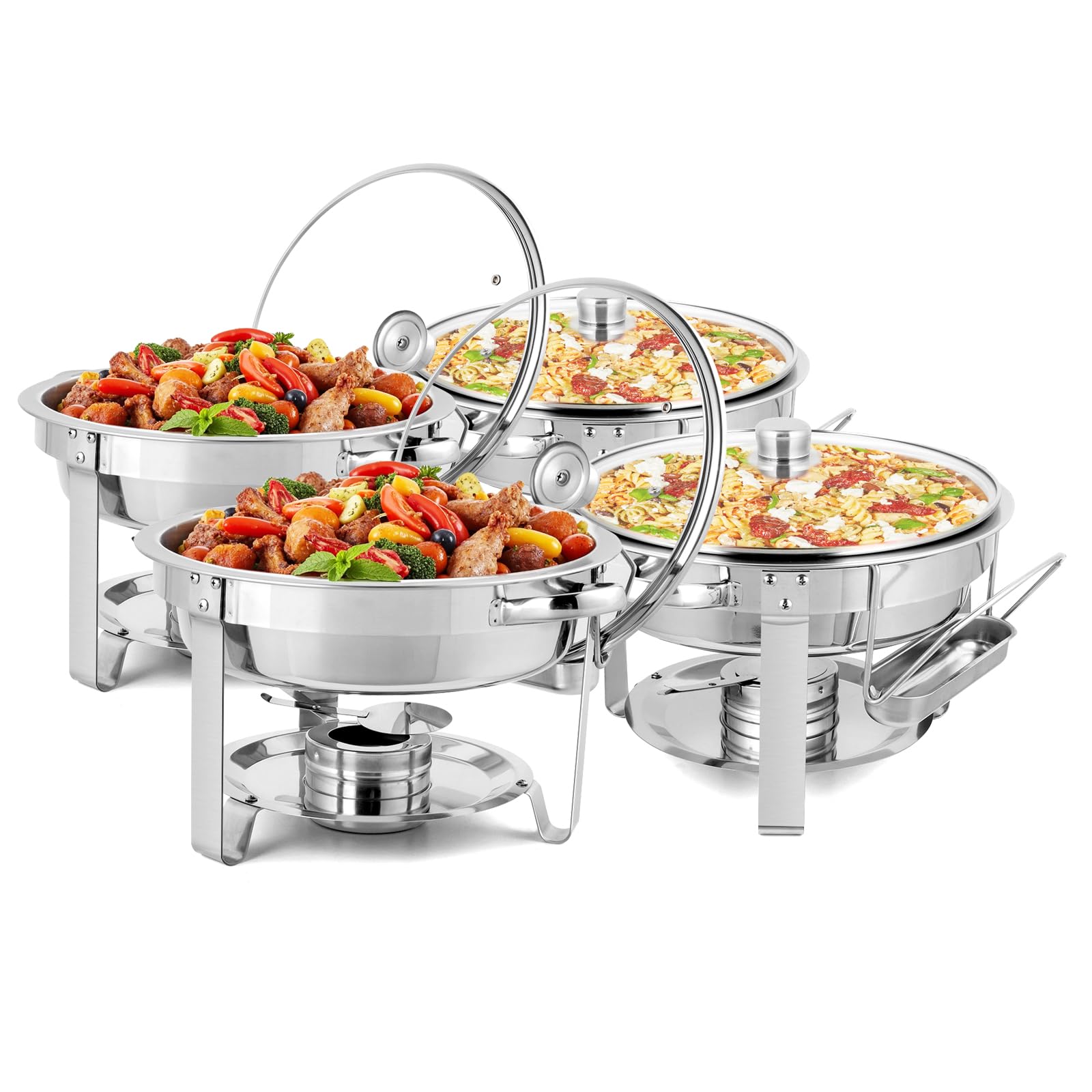 ROVSUN 5Qt 4 Pack Chafing Dish Buffet Set, NSF Stainless Steel Round Chafers for Catering, Buffet Servers and Warmers Set with Glass Lid & Lid Holder, Thick Stand Frame for Wedding Party Banquet Event