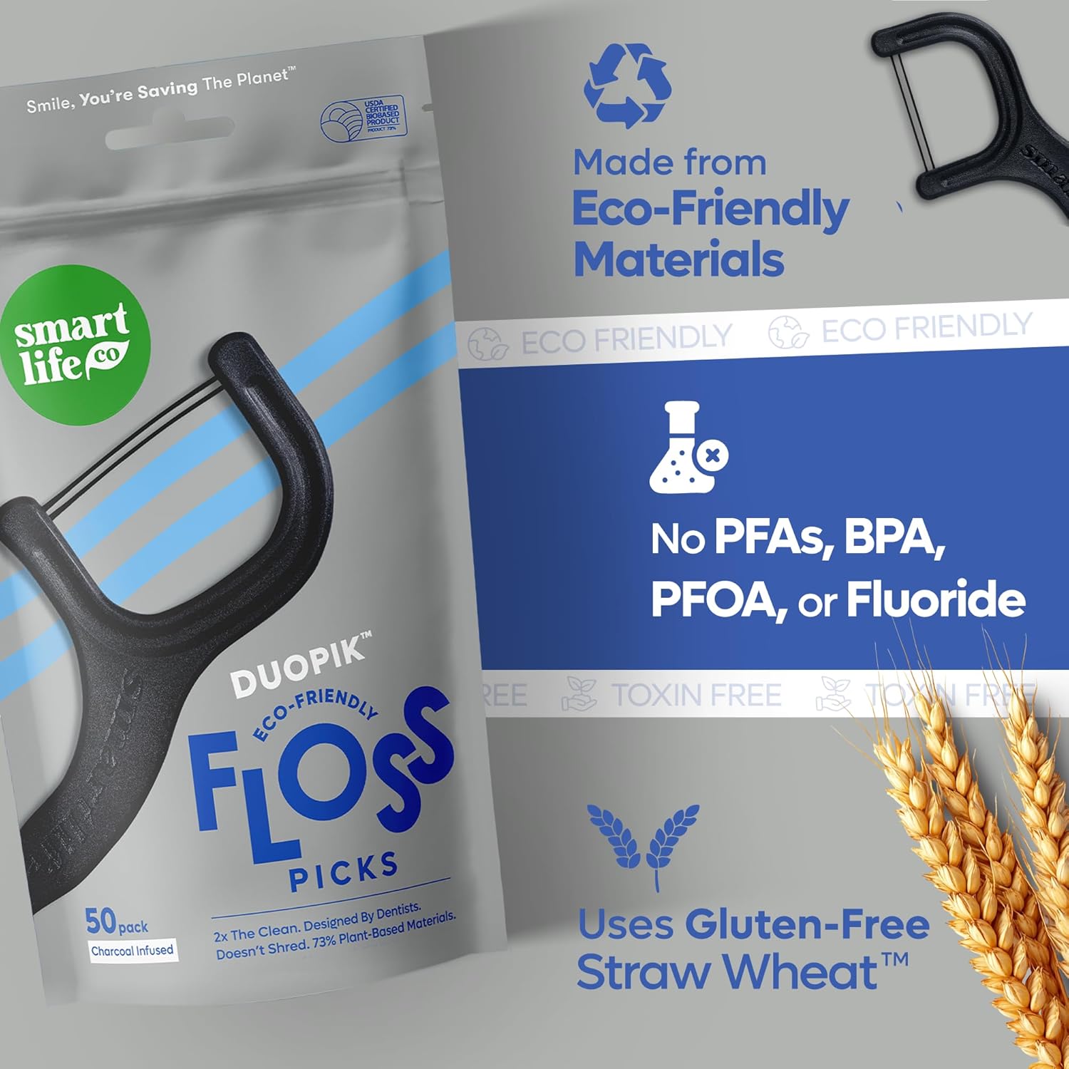 SmartLifeco Eco-Friendly Dual-Thread Dental Floss Picks (100ct) - Flossers Made with Straw Wheat Blend, Natural Teeth Whitening, Tooth Pick Stick for Adults, Activated Bamboo Charcoal Floss Thread - Image 4
