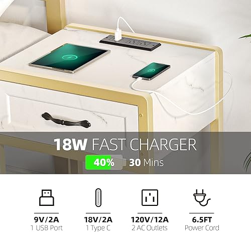 Miniatura 5 de IDEALHOUSE Mesa auxiliar moderna, mesita de noche de ratán con estación de carga, mesita de noche con cajón, mesa auxiliar moderna con estante de