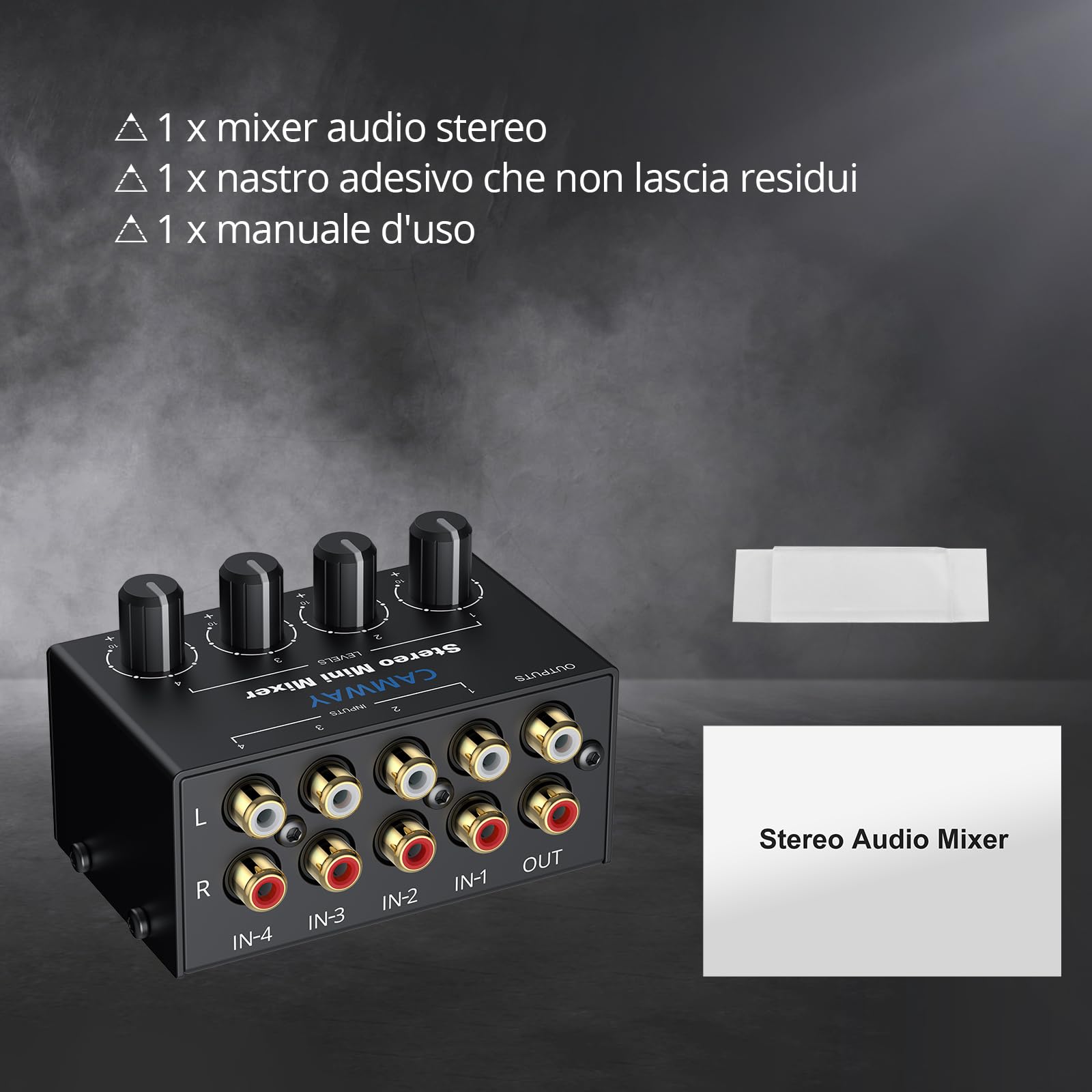 CAMWAY Mixer Passivo 4 Canali,Mini Mixer Audio Stereo Non Alimentato con 4 Ingressi RCA,Controllo Volume Separato Connettori Dorati per Amplificatori Ingressi Audio per DVD/Altoparlanti/Soundbar