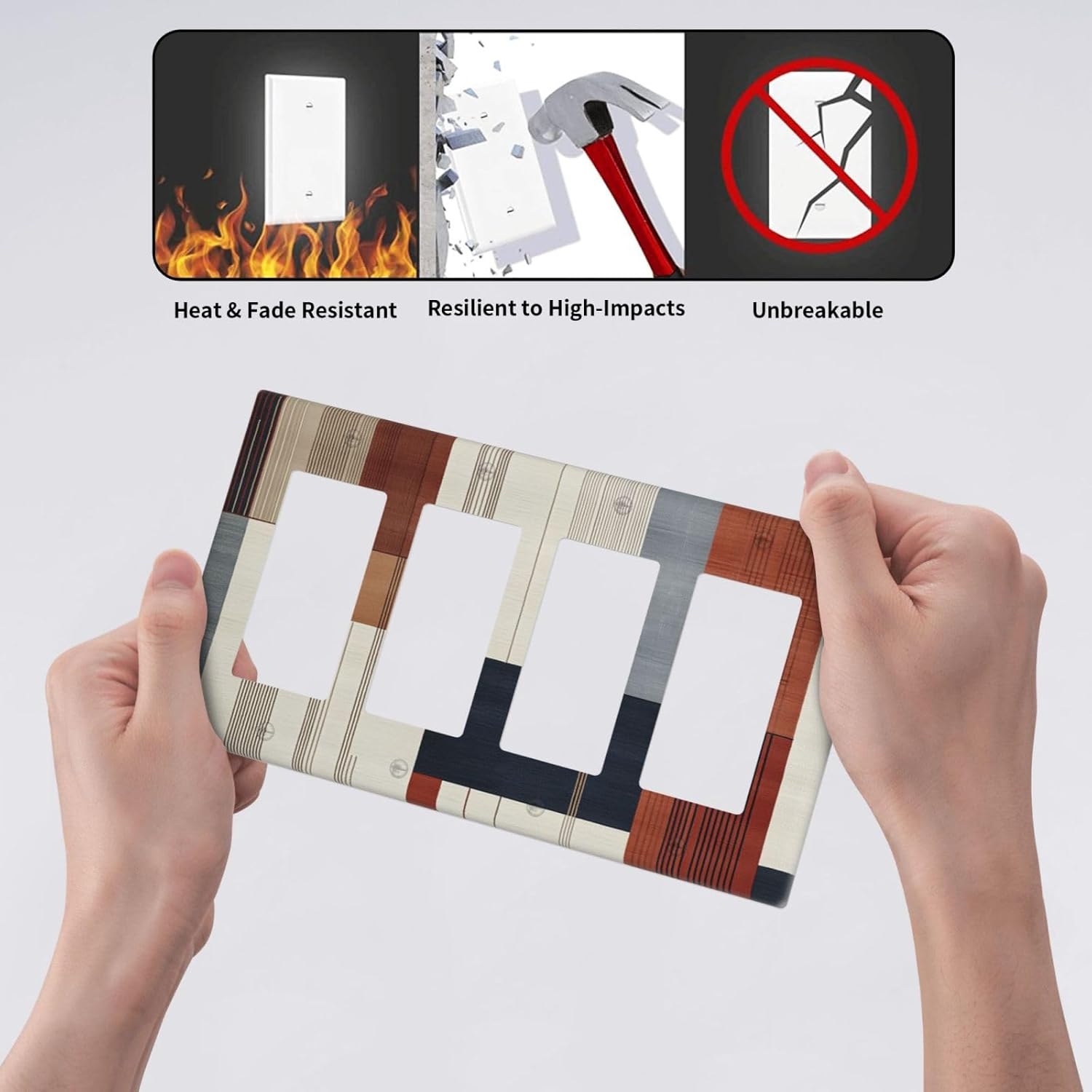 Abstract Geometric 4 Gang Light Switch Cover Modern Squares Quad Rocker Outlet Covers Switchplates GFCI Wall Plate Decorative Electrical Faceplate for Bedroom Kitchen Home Decor