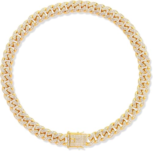 Collar de cadena para perro de plata cubano, collar de metal plateado para caminar con diseño de hebilla segura, collar de cristal cubano para