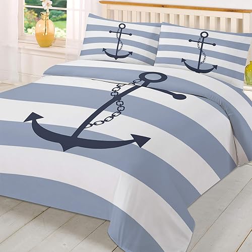 Miniatura 3 de Savannan Juego de fundas de edredón de 3 piezas tamaño California King, diseño de ancla con temática náutica a rayas azules y blancas, con cierre de