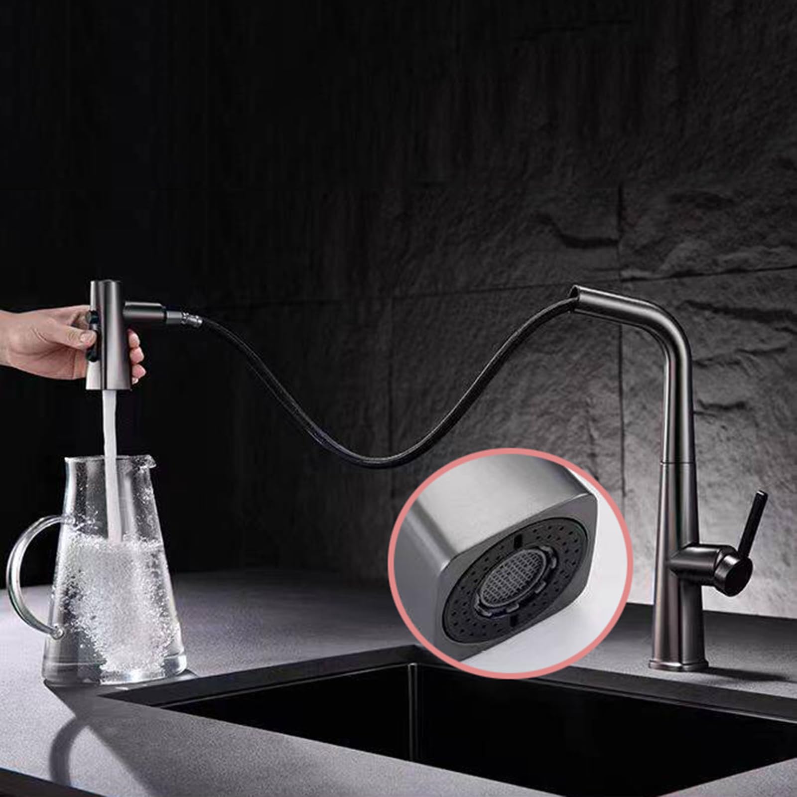 BiaoTeng Grifo Monomando Cocina Filtro Extraible 3 Salidas Giratorio 360 Grados agua Fría y Caliente Grifo Cocina Extraible Laton Gris