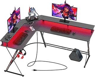 SEVEN WARRIOR Gaming Tisch, Schreibtisch mit LED, Steckdosen, Eckschreibtisch mit Monitorständer, 2 Haken, Ergonomischer Computertisch L Form, 147cm