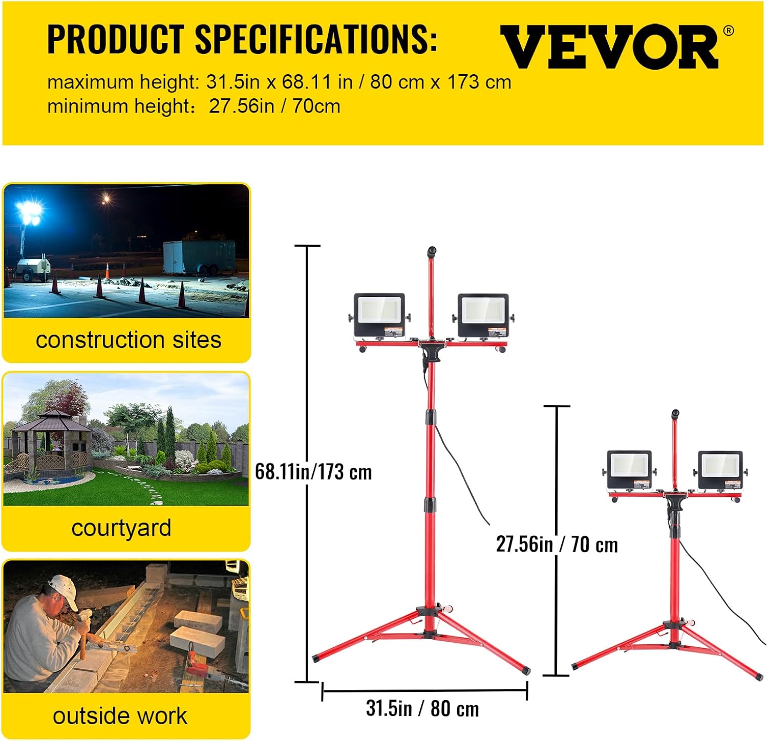 VEVOR LED Work Light with Stand, 10000 Lumen Dual-head LED Work Light with 27.6"-68.1" Adjustable and Foldable Tripod Stand, IP65 Waterproofed LED Tripod Work Light, with 5000 Kelvin Color Temperature