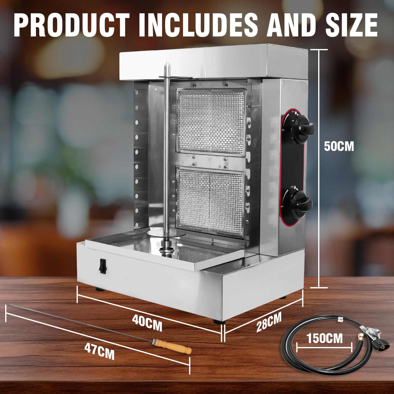 Máquina de Parrilla Shawarma Profesional 2 Quemadores, Asador para Kebabs y Tacos Al Pastor, Incluye 10 Pinchos de Acero Inoxidable