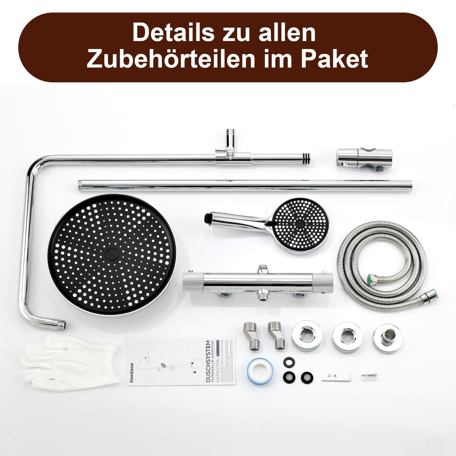 Duschsystem Komplettset Mit Thermostat 25cm Regendusche & 3 Strahlarten-Handbrause Thermostat mit rutschfestem Drehknopf & Anti-Verbrühung Höhenverstellbar Edelstahl Wassersparend