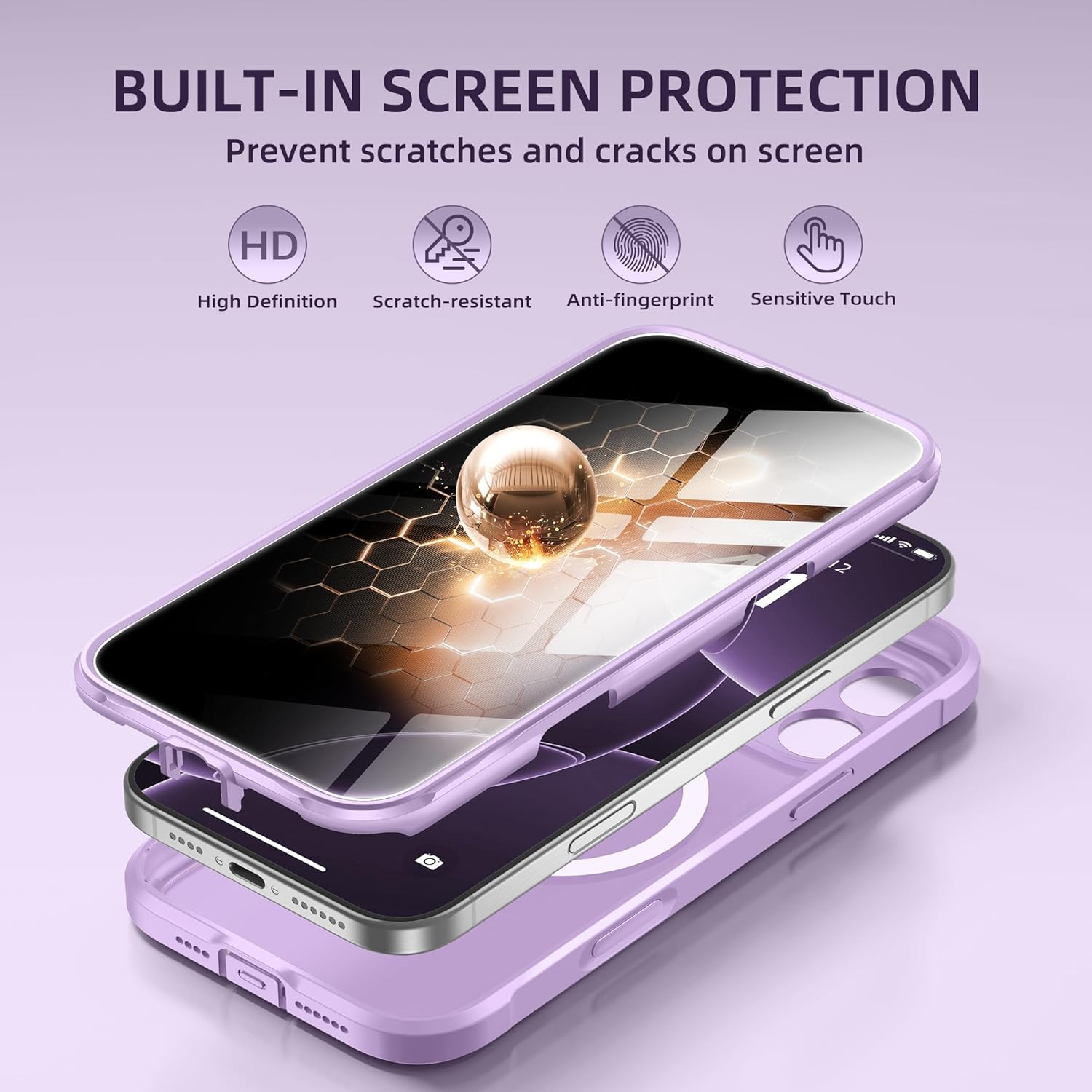BERFY for iPhone 16 Pro Case, Compatible with MagSafe, Built-in Privacy Screen Protector, Camera Protection, Shockproof Full Body Phone Case 6.3", Translucent Light Purple