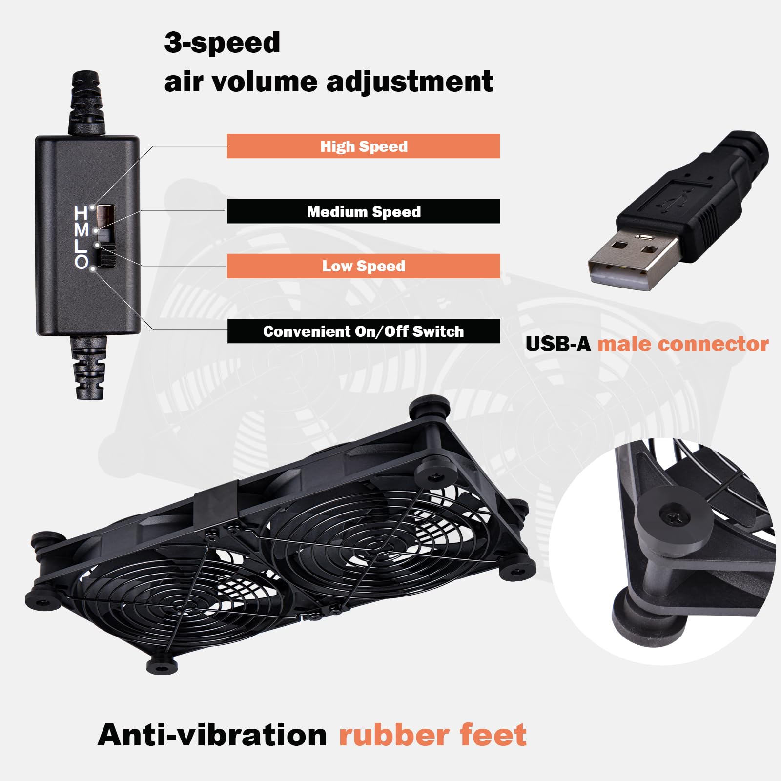 Ventola di raffreddamento silenziosa per router, 140 mm, con regolatore di velocità L/M/H a 3 gradi, DC 5 V, alimentazione USB, ventola di raffreddamento per router, modem, ricevitore, DVR