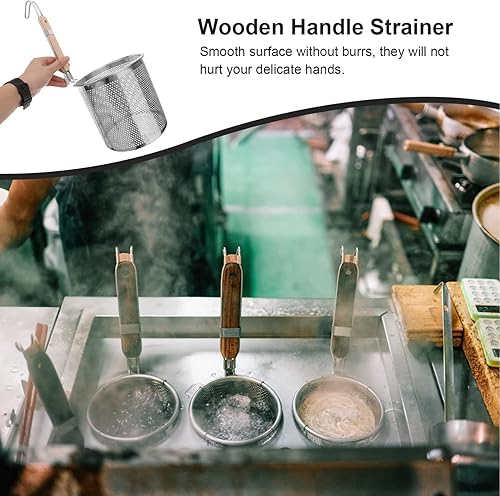 Miniatura 6 de Angoily Cesta de malla para pasta, colador de alimentos con mango redondo de madera, malla de acero inoxidable, colador de araña para pasta, fideos,
