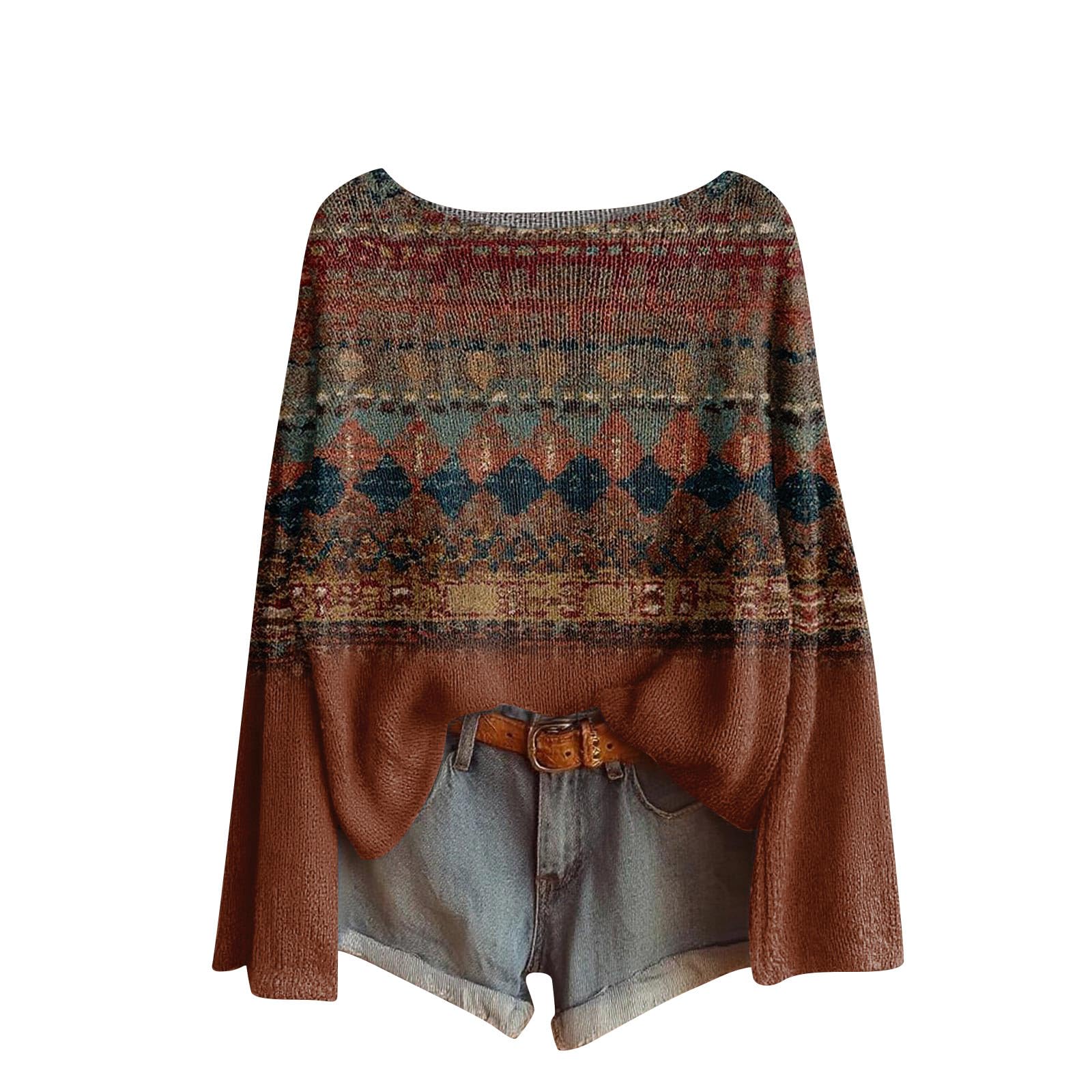 Oversized Sweaters for Women Trendy Vintage Boho Knit Sweater Long Sleeve Crew Neck Cozy Cute Sweaters Pullover