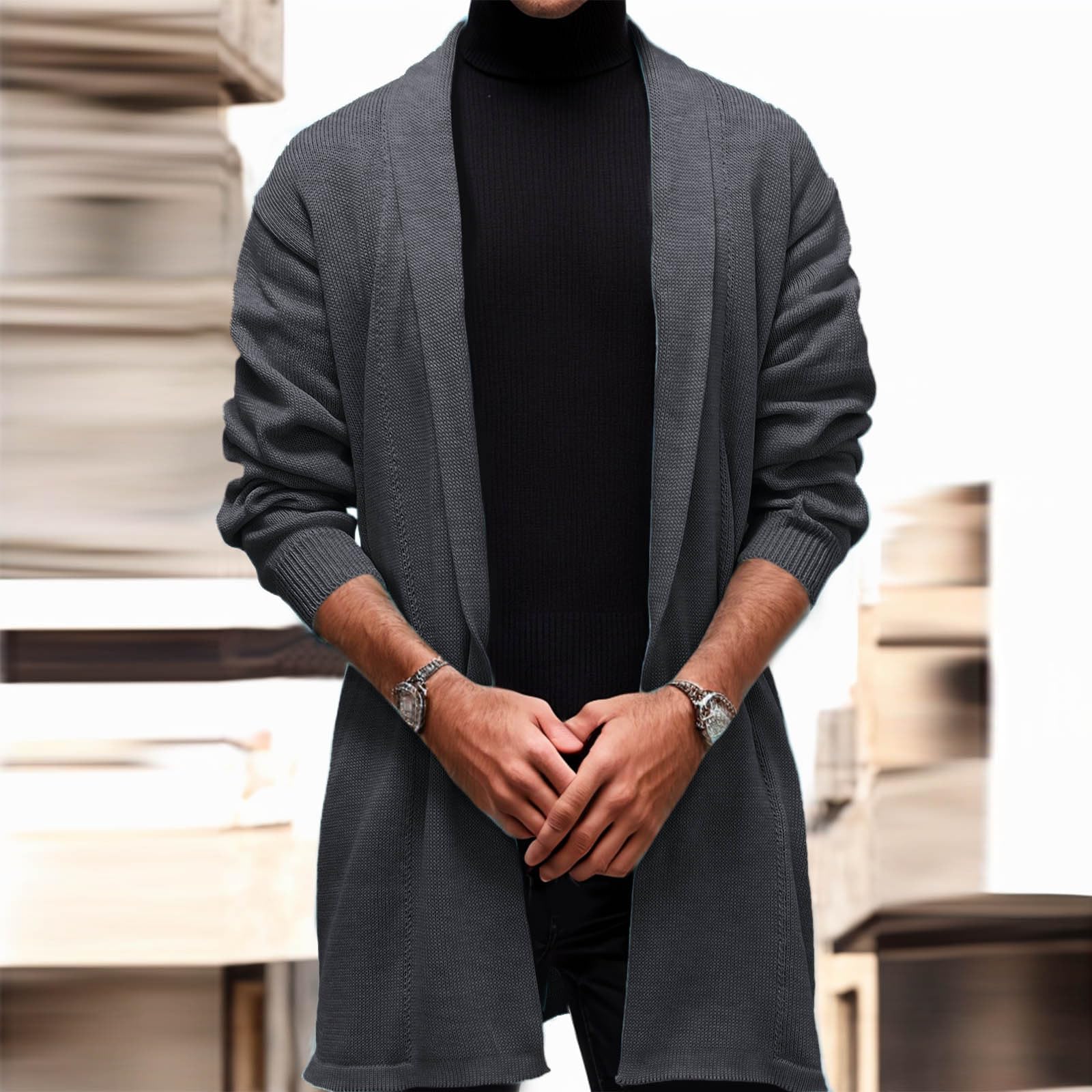 Generisch Cardigan da uomo a maniche lunghe, lungo, leggero, casual, elegante, tinta unita, per autunno, oversize, outerwear