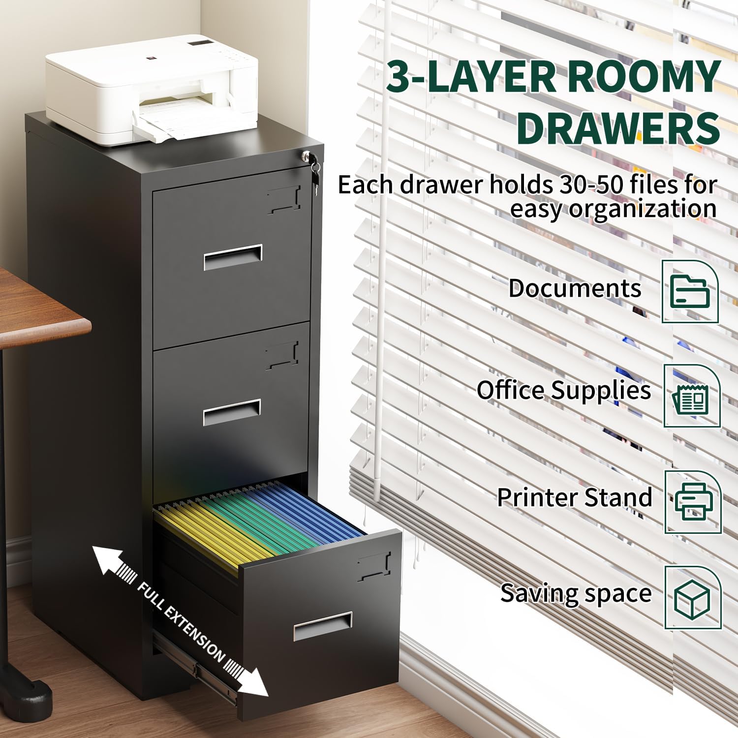 3 Drawer File Cabinet with Lock, Vertical Filing Cabinets for Home Office, Metal Locking File Cabinet Hanging Files for A4/ Legal/Letter Size, Require Assembly, Black