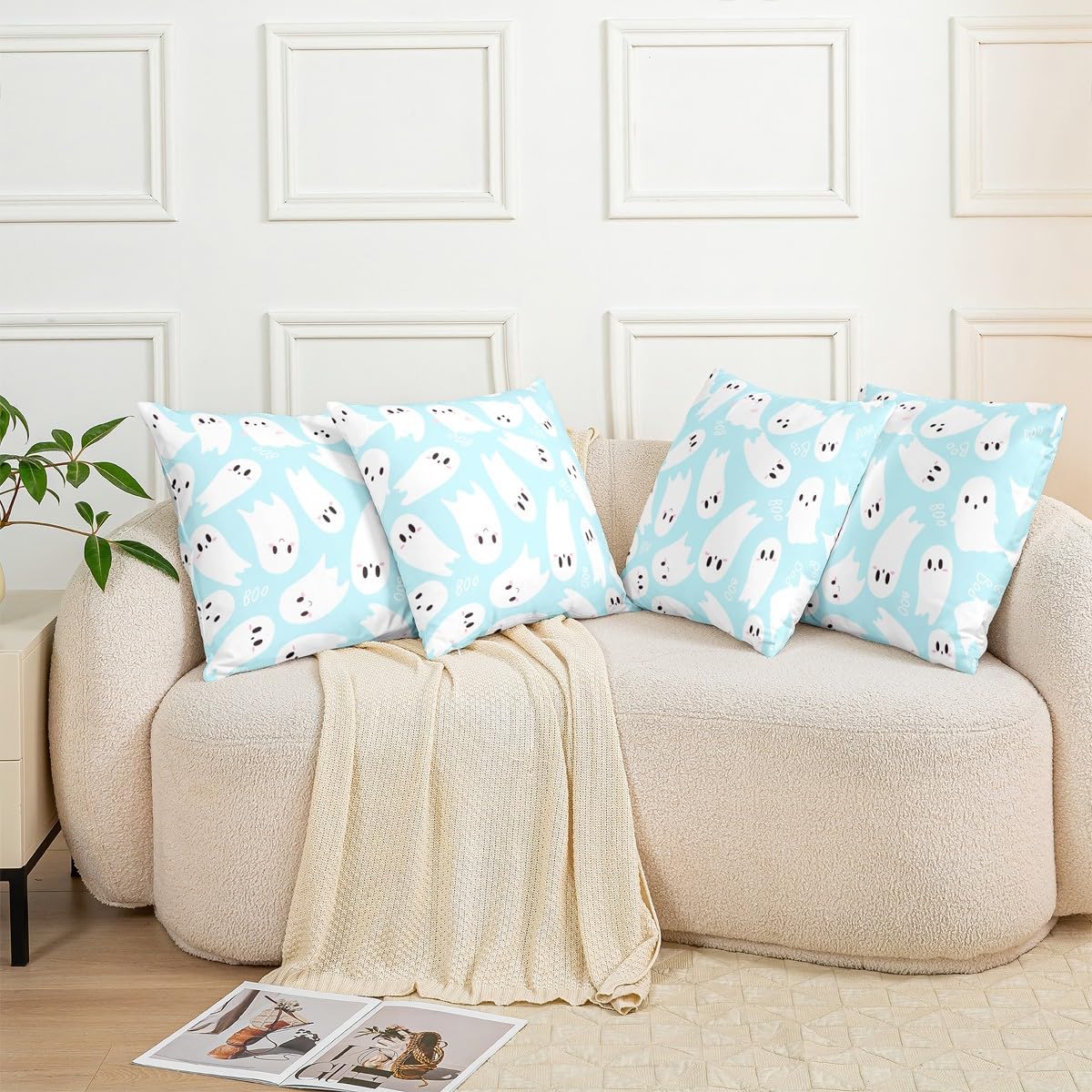 Manfei Light Blue Watercolor Double Sides Print Pillow Cover,Kawaii Cute Ghost Pillowcase Soft Square Cushion Case 24"x 24",Halloween Trick or Treat Throw Pillow Covers for Living Room Decor image 5