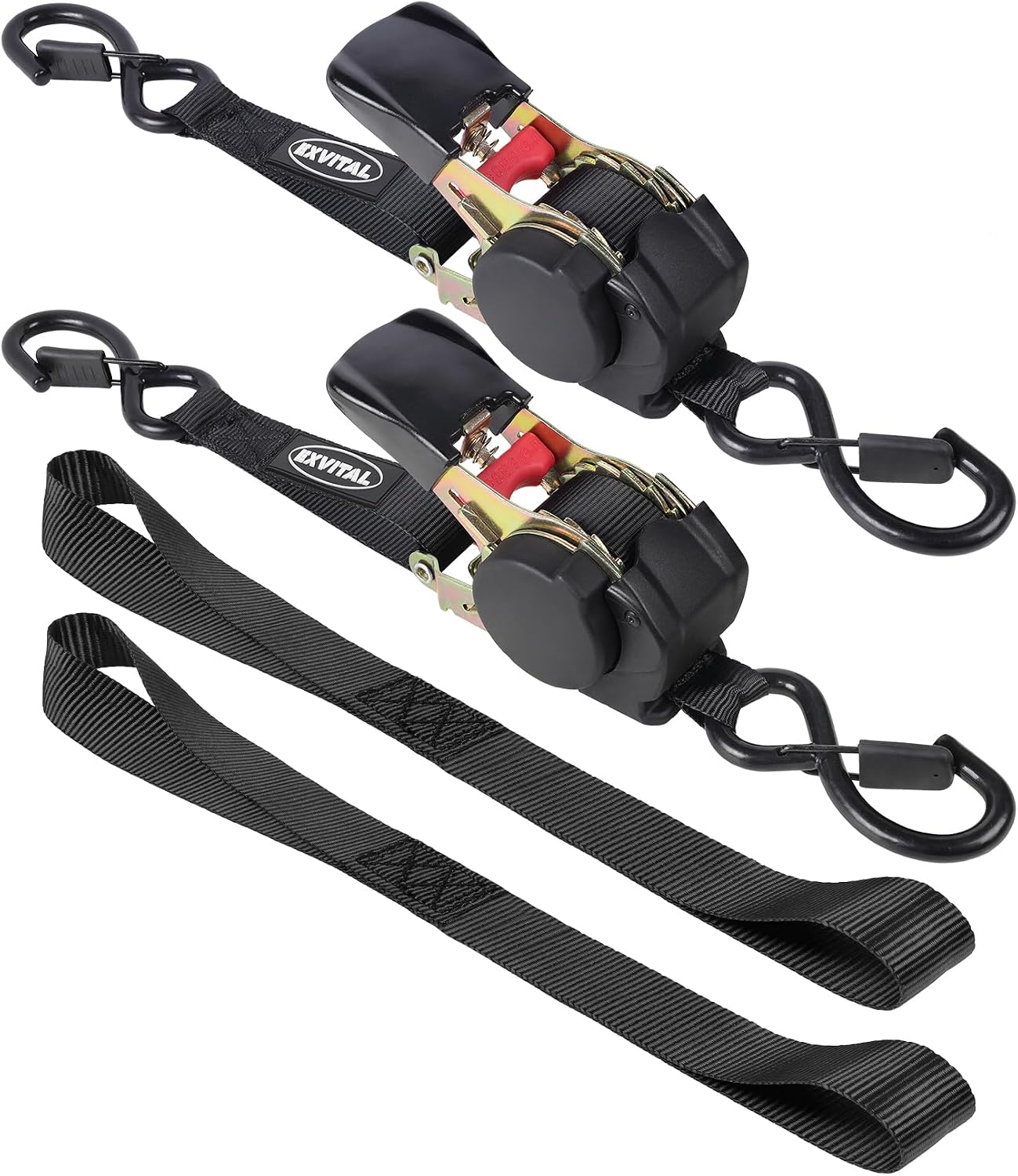 EXVITAL Retractable Ratchet Straps Havy Duty 1200lbs Break Strength Retractable tie Down Straps Auto self retracting Ratchet Straps for Truck, Cargo Trailer, Motorcycle,1“×12ft Black