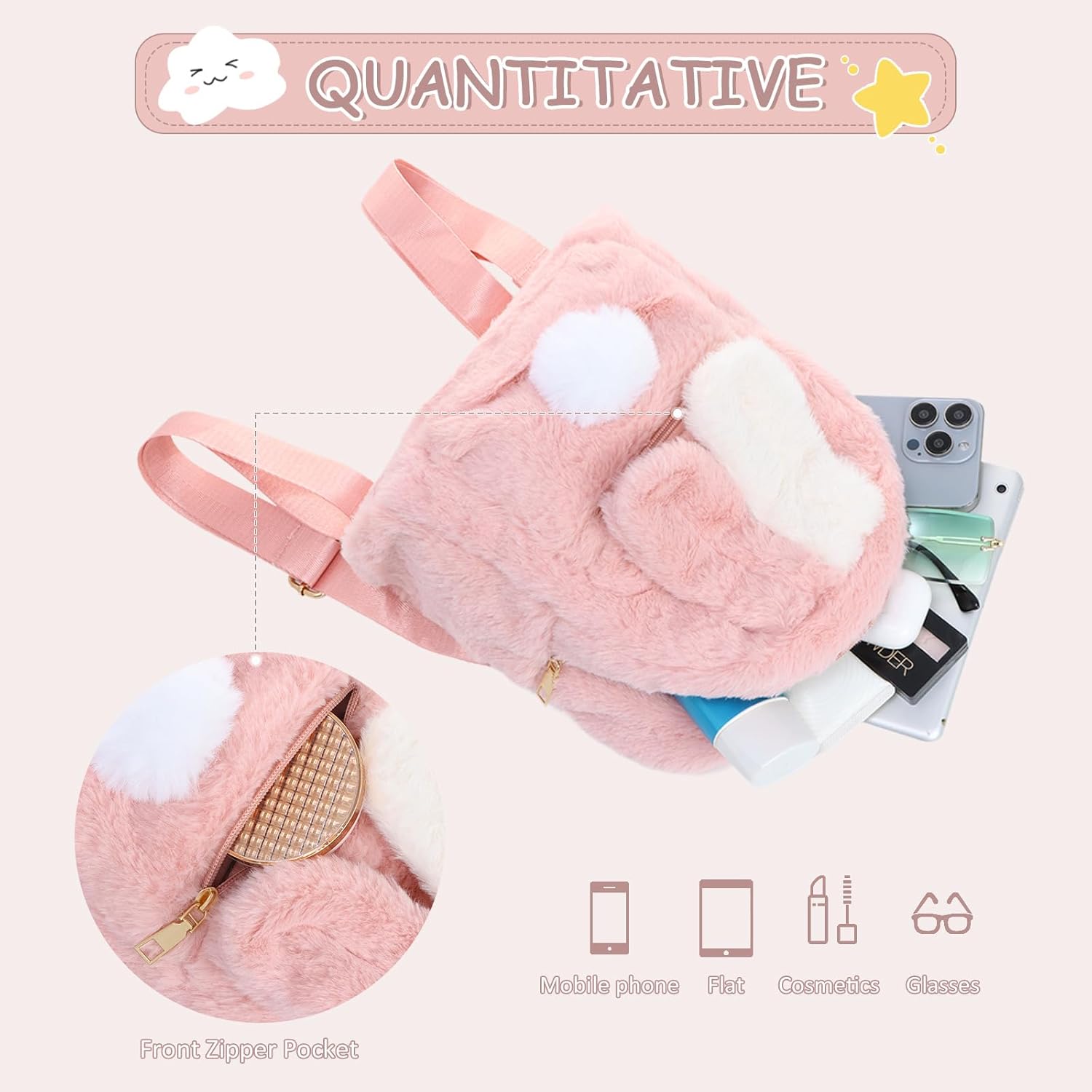 Lanpet Cute Plush Rabbit Ears Backpack for Teen Girls Fluffy Fuzzy Kawaii Shoulder Bag Handbags School Bag Satchel,Pink - Image 5