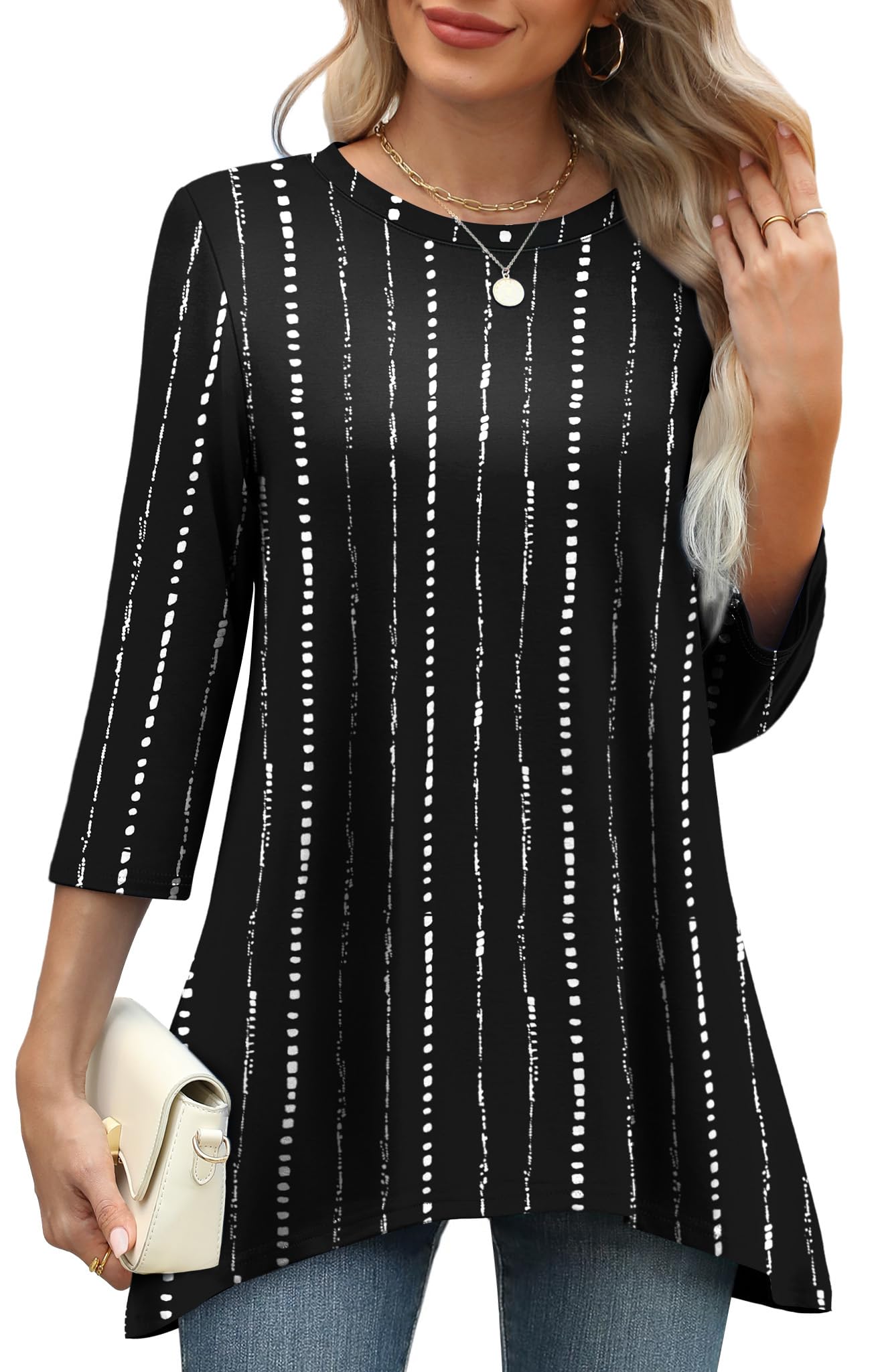 OFEEFAN Tunic Tops for Women Loose Fit Dressy 3/4 Length Sleeve Womens Tops with Asymmetrical Hem S-4XL