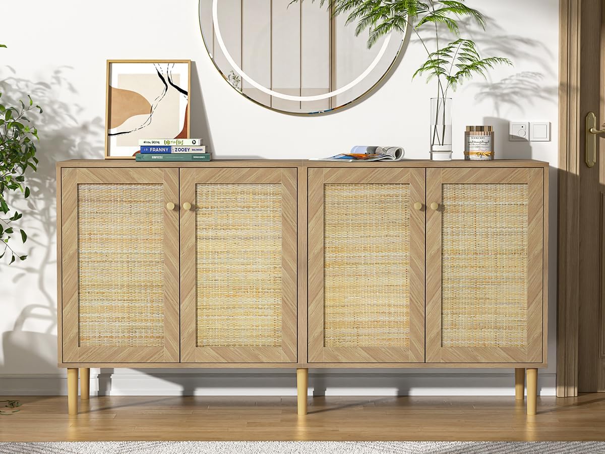 63''W Rattan Large Kitchen Storage Cabinet with 4 Doors, Modern Accent Cabinet Console Table, Wood Sideboard Credenzas with Adjustable Shelf for Kitchen