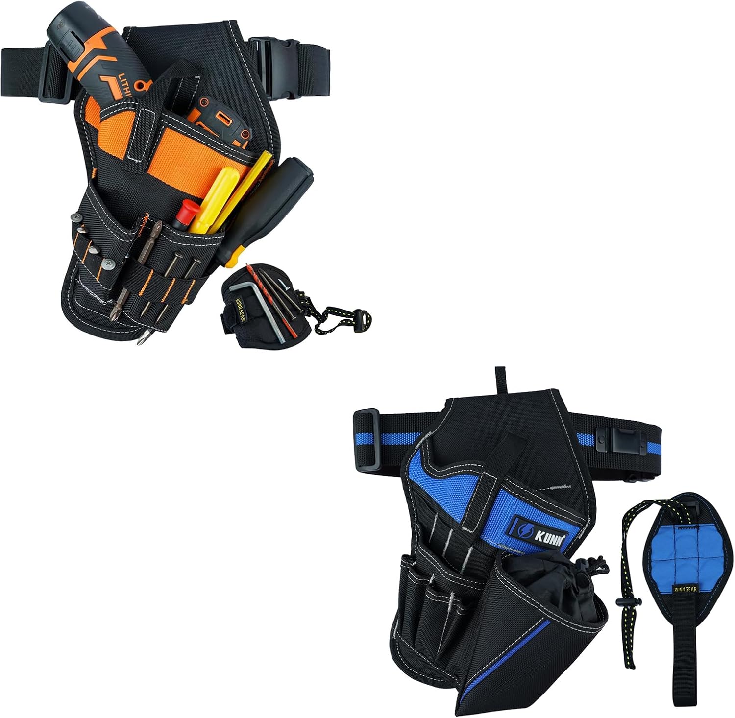KUNN Rigth Handed Drill Holster 3-in-1 Impact Driver Holder Combo Orange + Blue Drill Holster Set with Bit Pouch