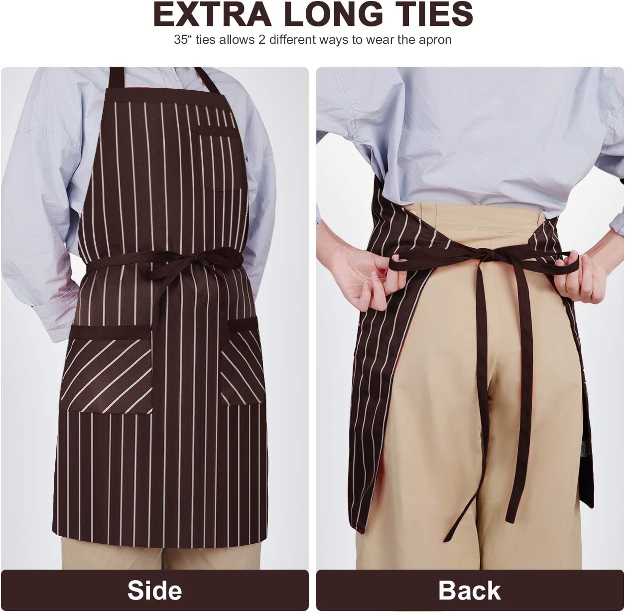 Syntus 2 Pack Adjustable Bib Apron with 3 Pockets Cooking Kitchen Aprons for Women Men Chef, Brown/White Pinstripe