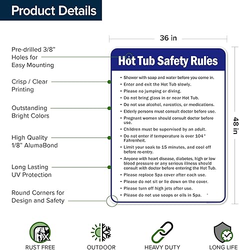 Vista 83 de Letrero de reglas de seguridad para bañera de hidromasaje, 10 x 14 pulgadas, libre de óxido, aluminio 040, resistente a la decoloración, fabricado