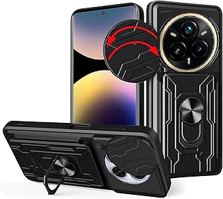 Compatible with Realme 14 Pro Plus Case with Slide Camera Cover & Removable Card Holder Built-in Kickstand Shockproof Hard Silicone Padded Cover - Black