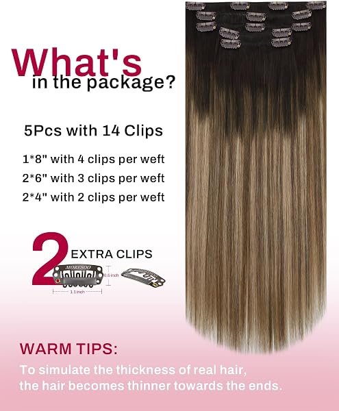 Moresoo Extension Cheveux Naturel Clip Balayage Marron Foncé à Blond Foncé avec Blond Doré Extension Clip Cheveux Naturel Lisse 30 cm Légèreté #4/10/16 5 Pièces 80g - 3
