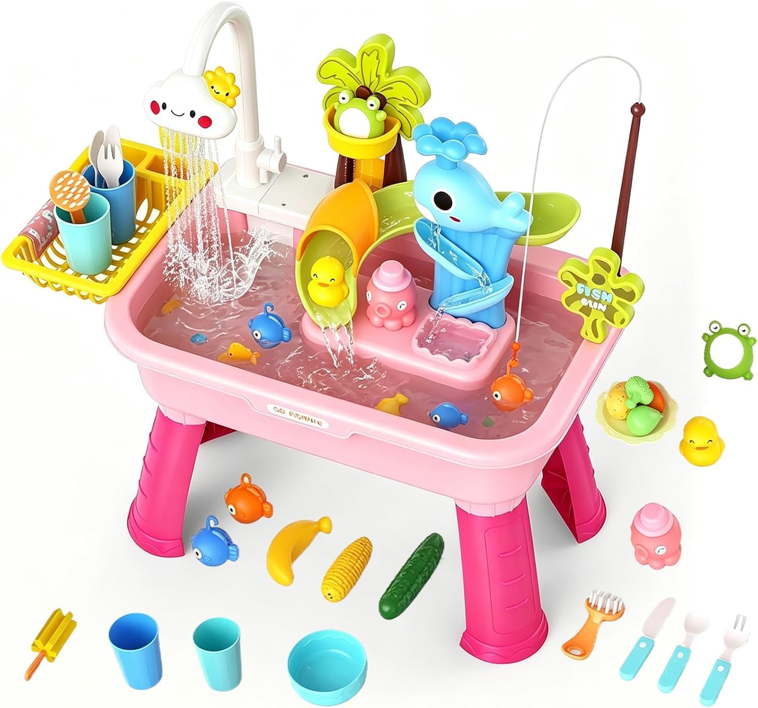 Kids Water Table, Electric Play Sink with Running Water, Including 28pcs Accessories, 180° Rotatable Faucet＆Detachable Leg, Toddler Sensory Water Toy for Ages 2+, Summer Outdoor Activity Funs(Pink)