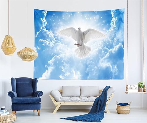 Miniatura 10 de Loccor Tapiz de Jesucristo con luz santa irradia, cielo azul, nubes blancas, palomas, para colgar en la pared, tapiz conmemorativo religioso,