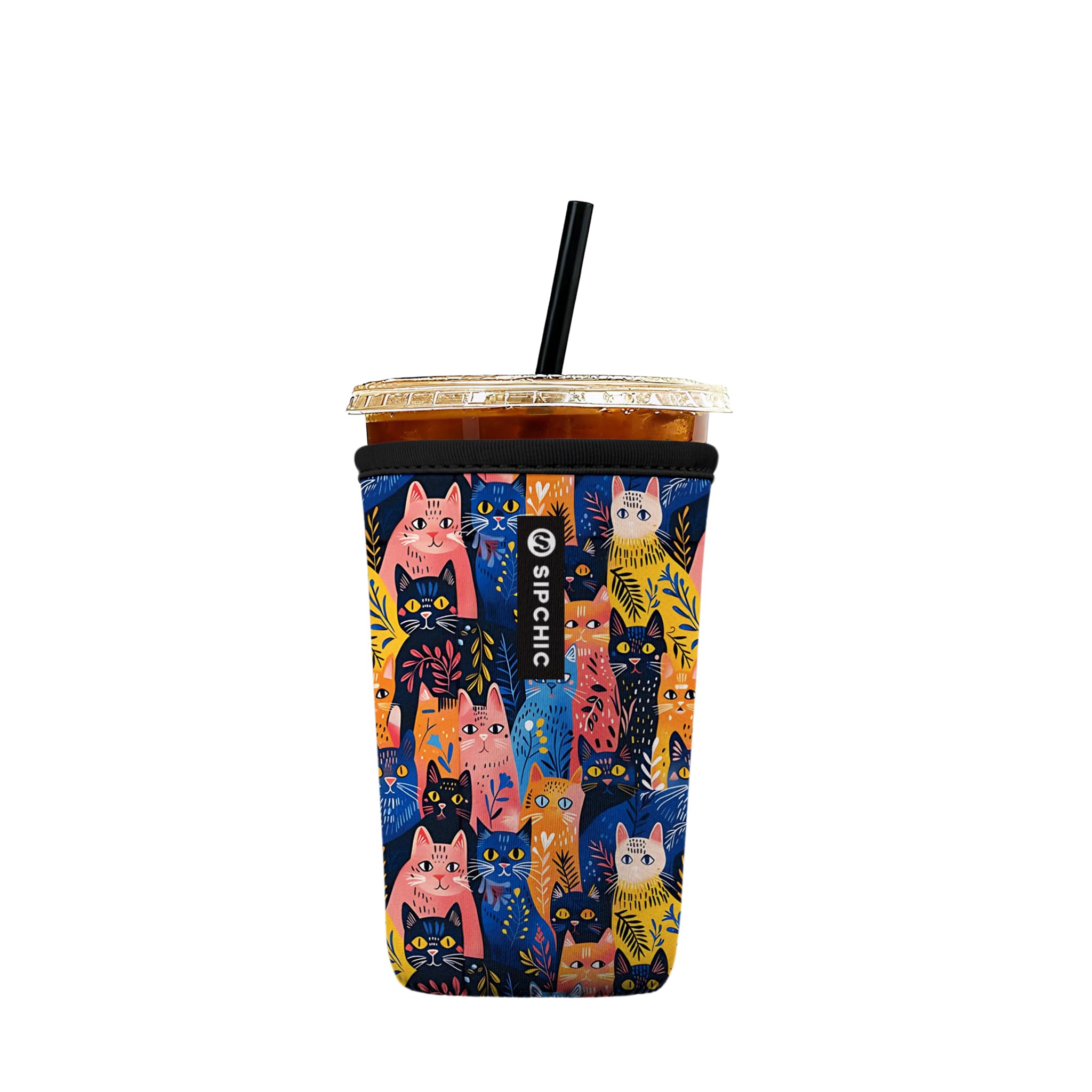 Iced Coffee Sleeve – Neoprene Reusable Cup Sleeves for Drinks, Insulated Drink Sleeves to Keep Hands Dry &amp; Drinks Cold, Stylish &amp; Durable Coffee Sleeves (Meow Jungle, Medium: 22-29oz)