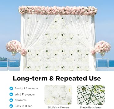 Flower Wall Backdrop 12 Pcs -15x15Inch Artificial Flower Wall Panels 3D Silk White Rose Floral Photography Background Floral Decoration Panels for Wedding, Event Party (White, 15 15)