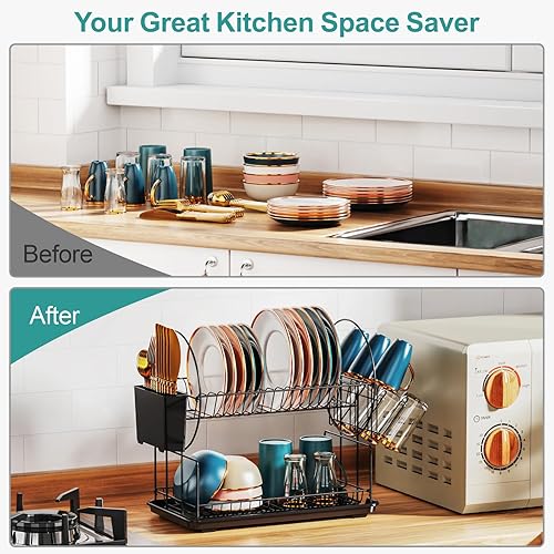 Miniatura 5 de iSPECLE Escurridor de platos  Escurridor de platos pequeño de 2 niveles para encimera de cocina con escurridor, soporte para utensilios y vidrio,