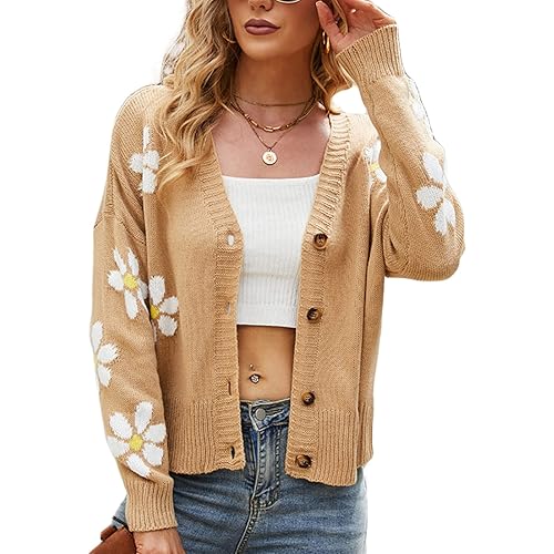 Womens Y2K Flower Pattern Long Sleeve Loose Knitwear Sweater V-Neck Button Down Knitted Cardigan