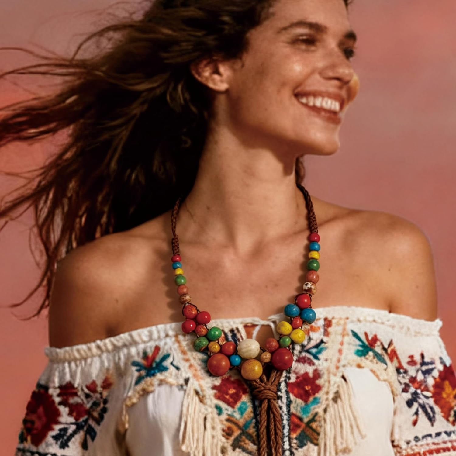 Dr's gift Boho Beaded Necklace for Women Chunky Statement Colorful Ceramic Beaded Necklace Bohemian Hippie Vintage Jewelry - Image 2