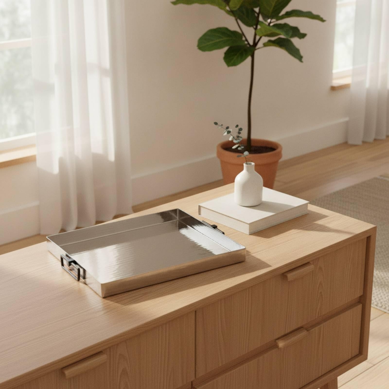 Banja Servicio con Elegante Banja con Multifuncional para Bar, Mesa, 46 34 H4cm, Bandeja Rectangular Plateada Brillante Importada