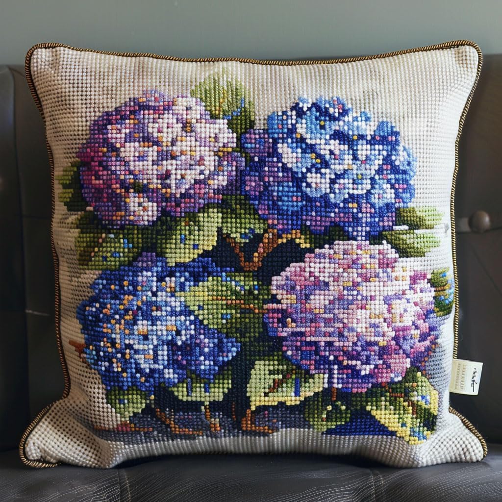 Walluminati 11CT Stamped Cross Stitch Pillow Kits, Beautiful Hydrangea Embroidery Pillow Cases Stamped Embroidery Kit Cross Stitch Pillow Cases Handmade Cushion Cover for Home Decor 18x18inch
