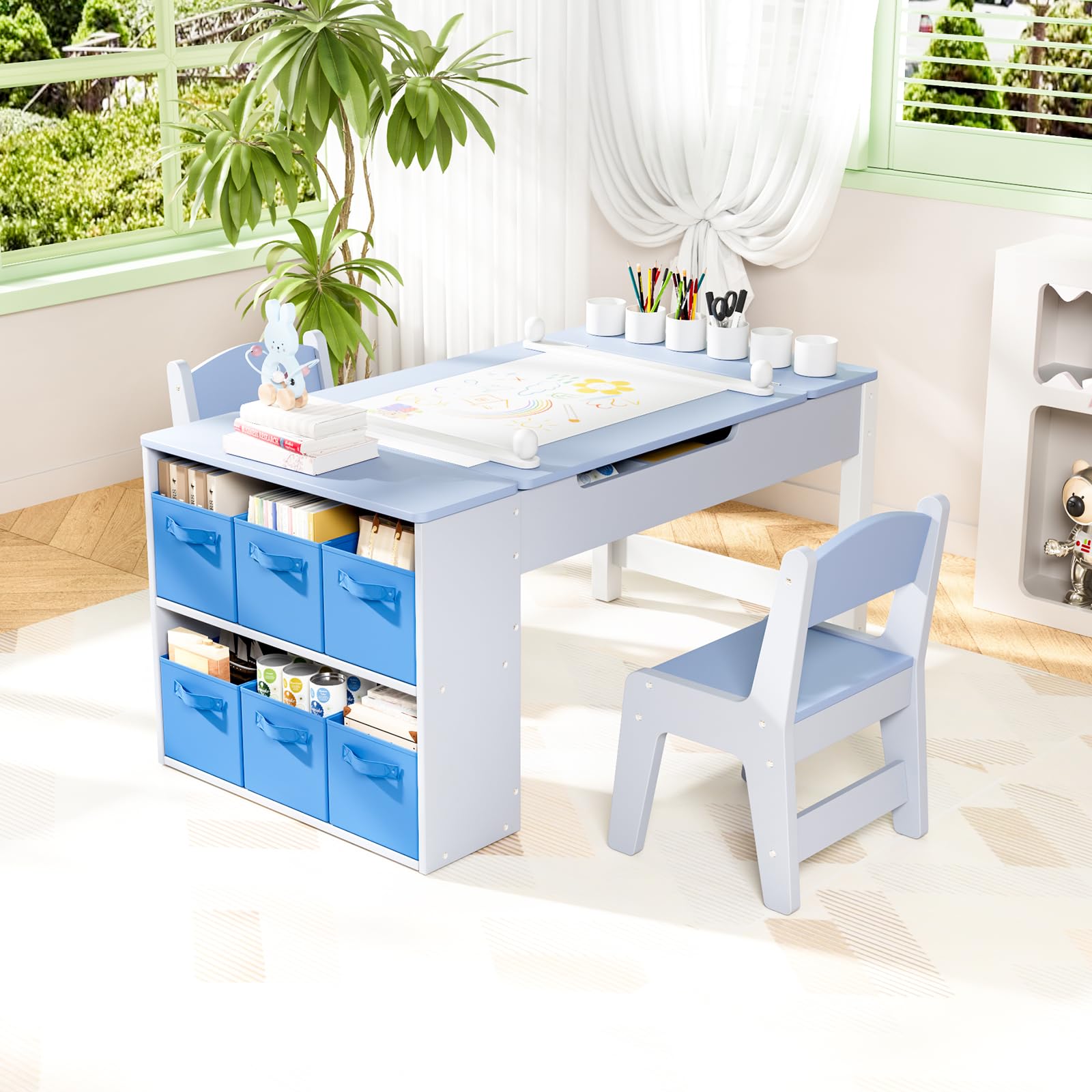 MAMIZO Table pour Enfant avec 2 Chaises, Bureau Enfant en Bois avec Rangement, Bureau avec Rangement pour Fille Garcon 3+ Ans, Table a Dessin avec Rouleau de Papier pour Jouer Dessiner (Bleu)