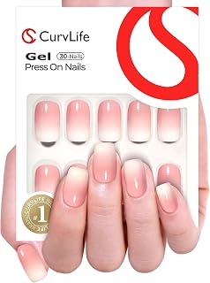 Curvlife Soft Gel Press on Nails Acrylic Fake Nails with Nude Ceramic Gradient Design Full Cover False Nails for Women Reusable Nail Kit