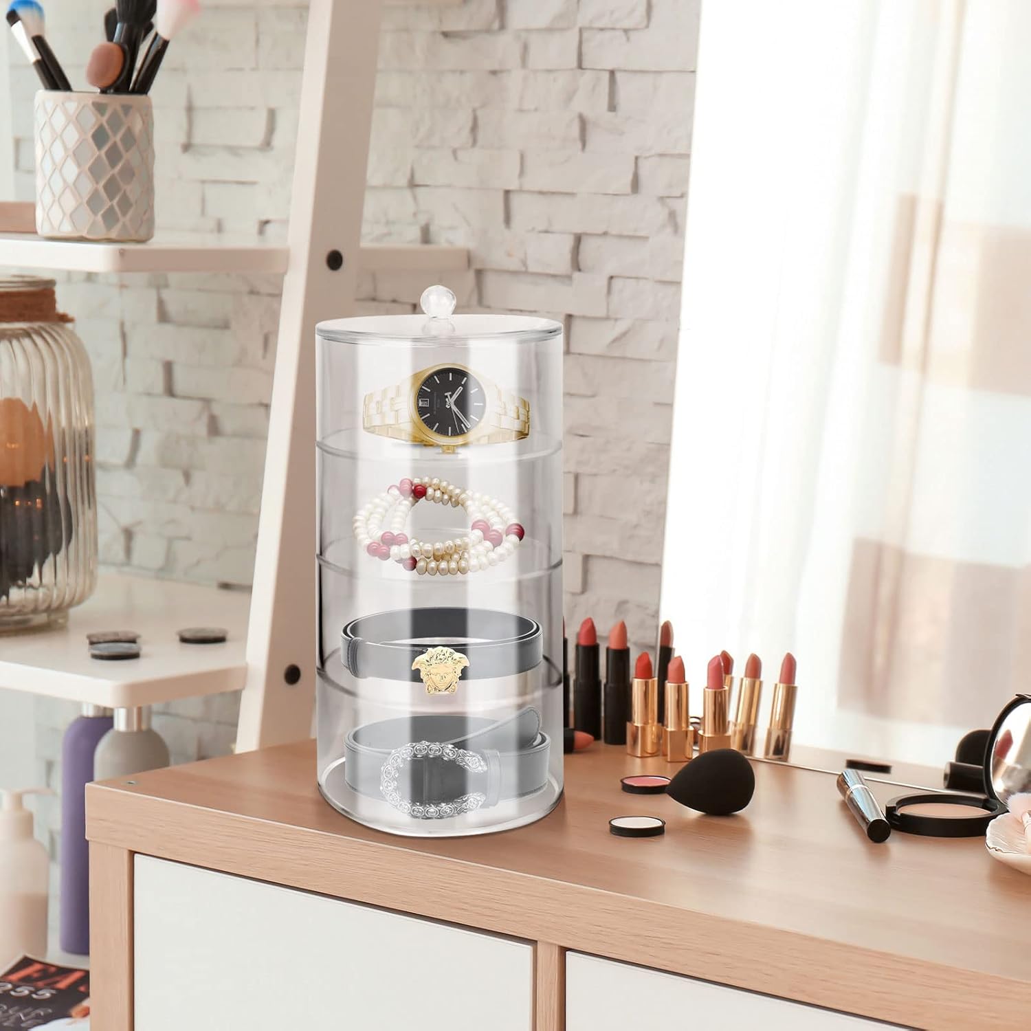 TITA-DONG Belt Organizer, Acrylic Belt Display Storage Box, Multilayer Belt Storage Box, Clear Belt Case Storage Holder for Belt Watch Jewelry Bracelets Ring Cosmetic(4 Layers)