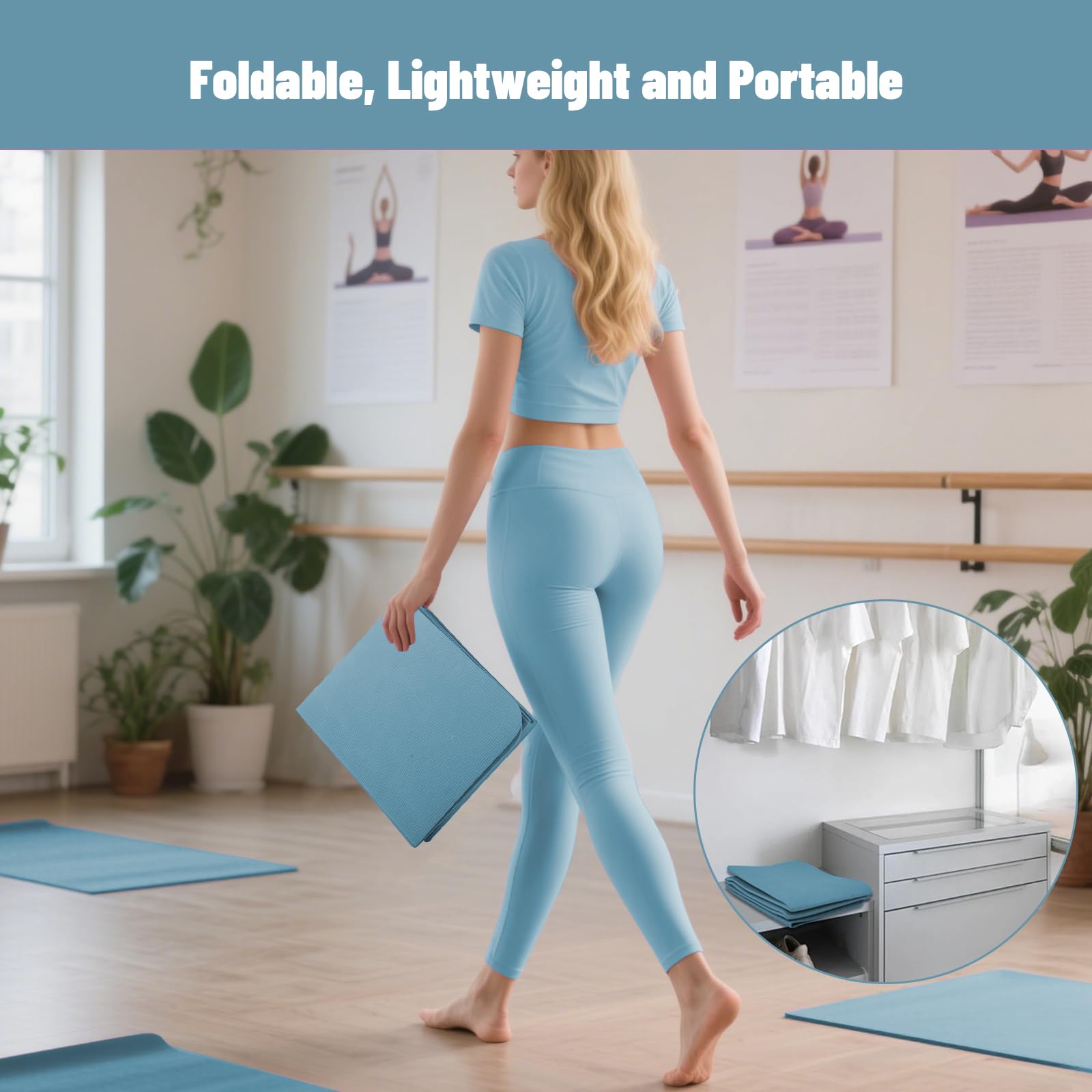 Składana mata do jogi, mata do pilatesu TPE, mata do jogi, fitnessu, 183 x 61 cm, grubość 5 mm, mata sportowa do pilatesu, gimnastyki, podróży i sportu