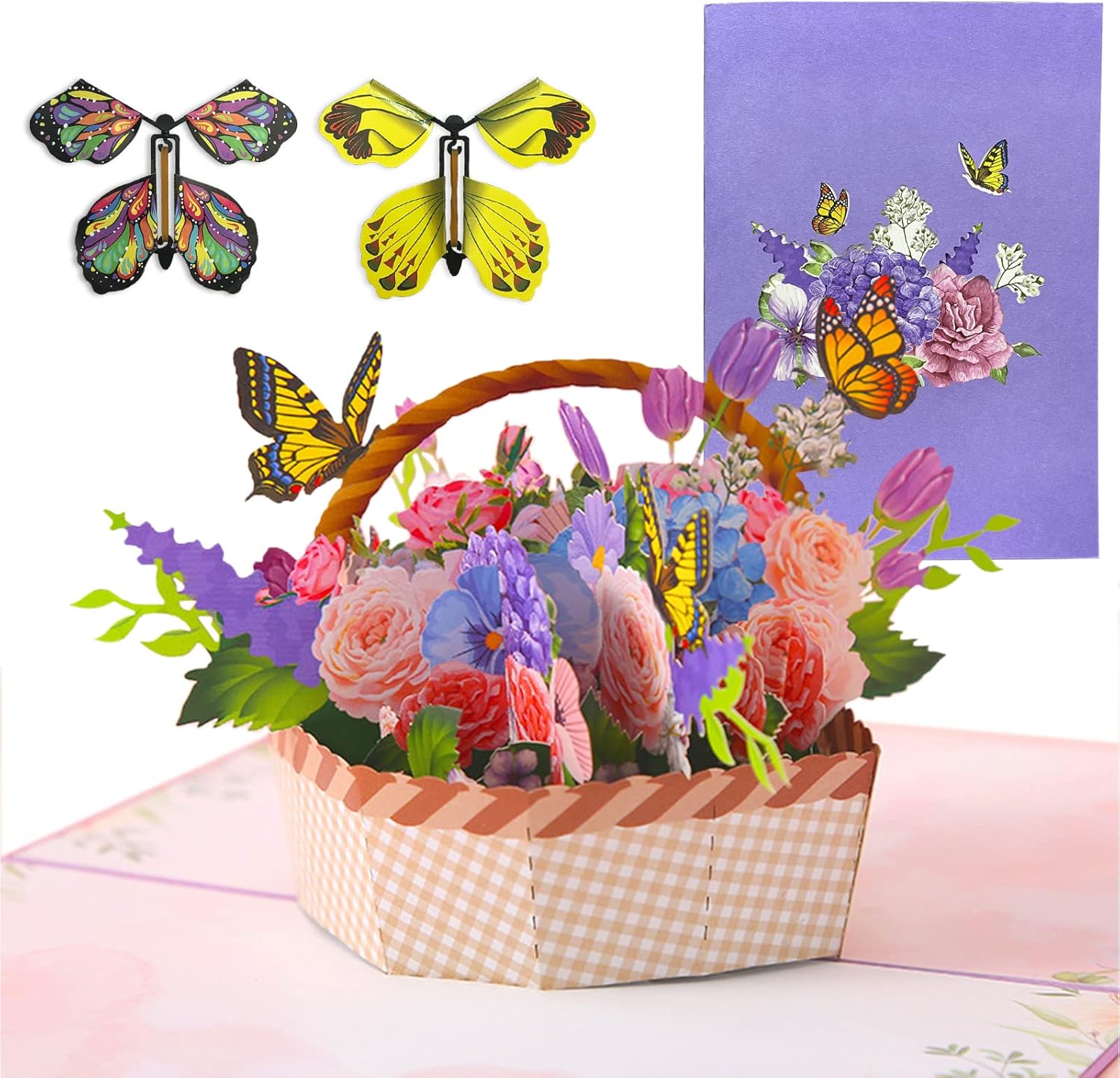 DTESL Flying Butterflies Pop Up Card, flower basket